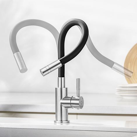 CECIPA MAX Grifo de cocina flexible con 2 modos de chorro, grifo giratorio 360°, grifo flexible de bajo consumo, acabado negro y cepillado (1/5)
