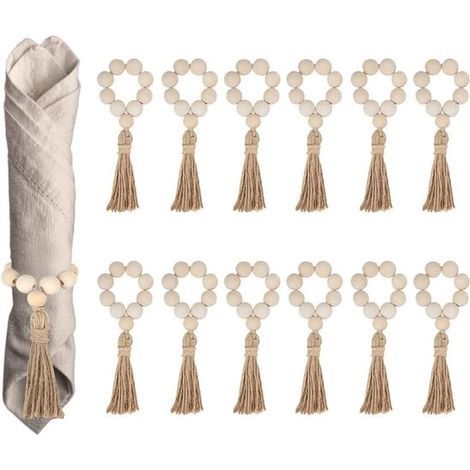 Lot de 12 ronds de serviette pour Noël, une ambiance champêtre ou un mariage - Perles en bois avec pompons - Décoration de table (1/5)