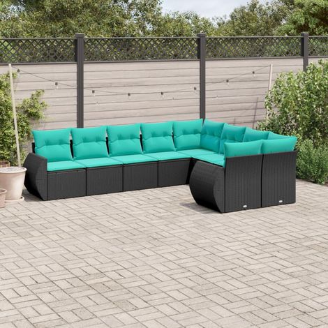 9-teiliges Gartensofa-Set mit Kissen, schwarzes Polyrattan (1/5)