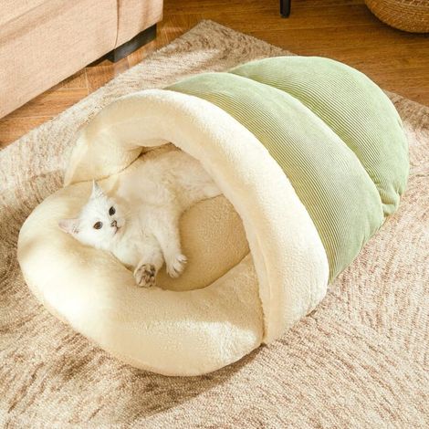 Lit pour chat - mignon lit-grotte en forme de chausson, en peluche douce et confortable, antidérapante, durable et lavable pour chatons et chiots de moins de 7 kg ( M, vert) (1/5)