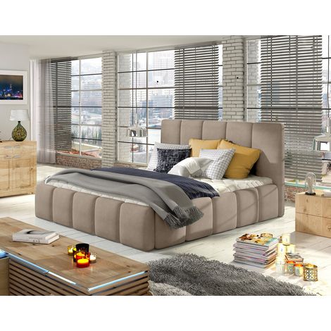 Lucea - lit coffre - 140x200 - sommier inclus - en velours - taupe (1/4)
