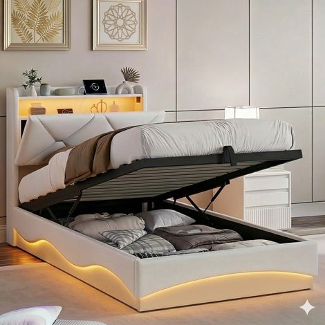 Lit coffre 90x200,lit simple 90x200,avec sommier à lattes,tête de lit avec chargement USB et lumières LED réglables,tissu en velours,Beige (1/4)