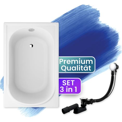 Badewanne Rechteck 100x65, Ablaufgarnitur & Füßen GRATIS - Komplettset 3in1 Original Acryl Wanne Premium Siphon - Made in EU - BADLAND MINI (1/4)