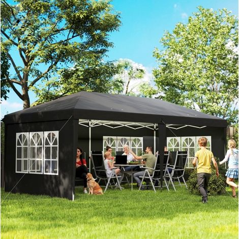 Gazebo pieghevole pop-up 3 x 6 m impermeabile con 4 pareti laterali e finestre nero (1/5)