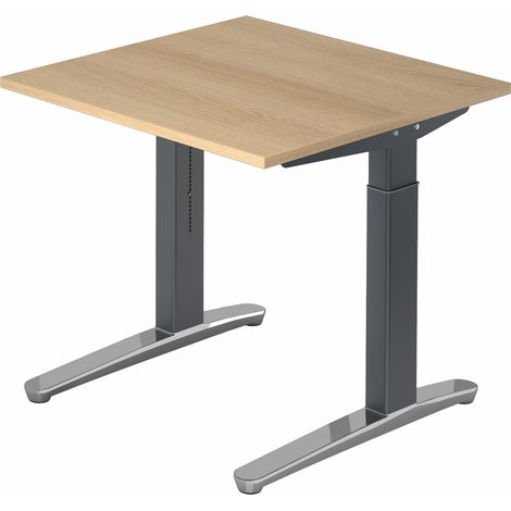 bümö® Design Schreibtisch "XB-Serie" höhenverstellbar, Tischplatte 80 x 80 cm in Eiche, Gestell in graphit/alu poliert