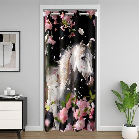 Fille Cheval Rideau de Porte Porte 86x203,Fleurs de Cerisier Rideau Porte Entrée,Animaux Sauvages Étable Rideau Rustique Ferme Rose Rideaux de Séparation de Chambre Floral Chambre Décoration - 86x203c (1/5)