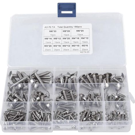 180 Pièces M3 M4 M5 M6 Jeu Vis Autotaraudeuses avec Boîte, Kit Vis à Tête Ronde Cruciforme Acier Inoxydable avec Rondelles, Assortiment Vis Plate Croisée Bois Autoperceuses pour Réparations, Argent