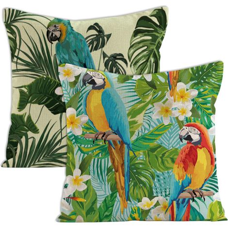 Ensemble de 2 housses de coussin décoratives à motifs floraux tropicaux, palmiers, feuilles et perroquets. Dimensions standard carrées : 45,7 x 45,7 cm (18 x 18 pouces). (1/5)