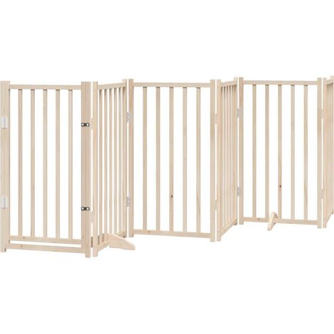 Barrière de sécurité pour chien animaux de compagnies avec porte 6 panneaux bois de sapin massif marron