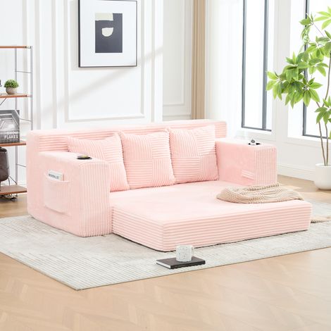 Canapé convertible 3 places,canapé lit droit avec porte-gobelets et 2 poches latérales,canapé à compression sans structure,172x87x64cm,velours côtelé,Rose (1/5)