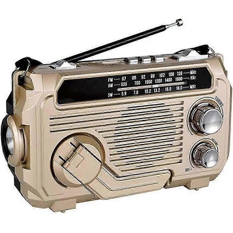 Radio FM AM/SW à énergie solaire, radio d'urgence, récepteur à manivelle, Bluetooth 5.2, compatible TF et USB, finition or. (1/4)