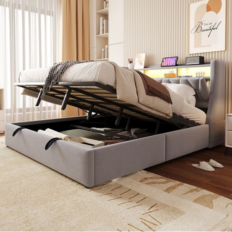 Cama con espacio de almacenamiento tapizada gris claro 180x200 cm, LED, cabecero abatible con enchufes y somier de láminas (1/5)