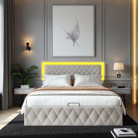 Bett 140 x 200 cm – Samtstoff – LED – Luxuriös und leicht – Doppelbettrahmen 140 x 200 cm – beige (1/5)