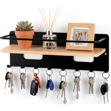 Porte Clef Mural avec 8 Crochets, Porte-clés en Bois avec Étagère, Porte Cle Mural avec Étagère Organiseur pour Entrée, Couloir, Chambre, Salon (Noir) (1/5)