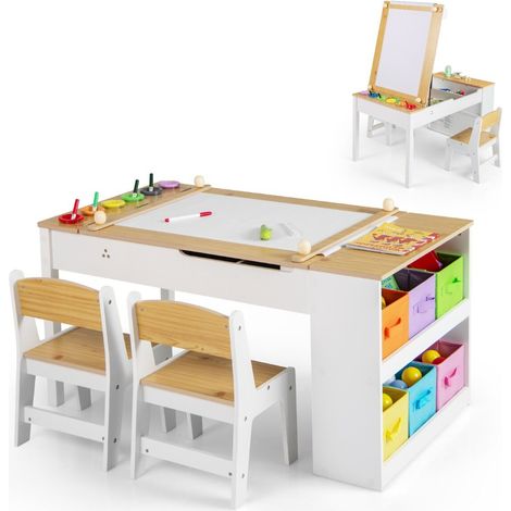 Multifunctional Wooden Table with Lift-Up Top, Paper Roll Storage, Children's Drawing Board and Easel Set, Natural