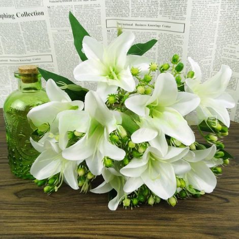 Lot de 2 fleurs de lys artificielles, bouquet réaliste en soie avec 9 têtes, décoration d'intérieur, centre de table de mariage, arrangement de table, 33 cm de haut (vase non inclus) (1/5)