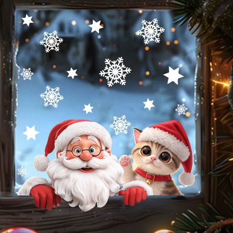 Sticker mural 3D de Noël - Père Noël et chaton de Noël - Décoration de Noël amovible 29 x 20 cm (1/5)