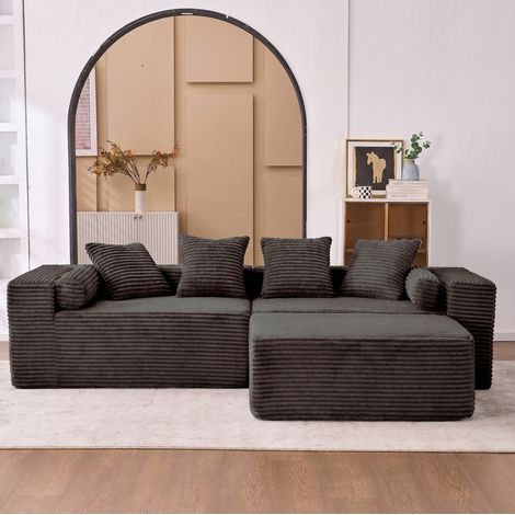 Sofá modular de esquina en L con chaise longue de chenilla negra, 3 módulos, sin montaje (1/5)
