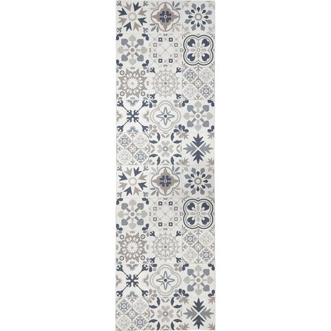 Tapis Vinyle hydraulique en Carreaux réalistes, pour Salon, Couloir, Cuisine et Moquette sur Mesure, Couleur Beige avec Tons Bleu, doré et Orange (1/5)