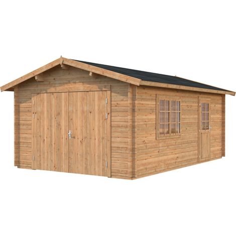 Garage en bois Roger 19,0 m2 porte bois Traité Marron (1/4)