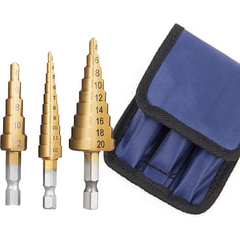 Ensemble de 3 forets étagés à queue hexagonale, foret à escalier, foret pagode, clé électrique, alésoir, foret à tour, outil de poinçonnage pour plaques d'acier, emballage en sachet (1/5)