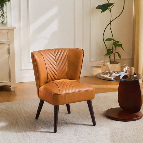 Sillón FloraGrace 56 x 62 x 72 cm de cuero y madera marrón claro, confort moderno (1/5)