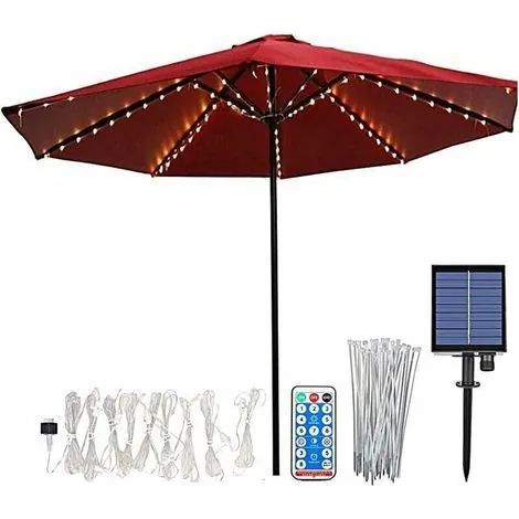 Guirlande lumineuse solaire pour parasol, lampe de parasol à 104 LED avec télécommande, 8 modes, idéale pour les parasols de jardin et les tentes de camping. (1/3)