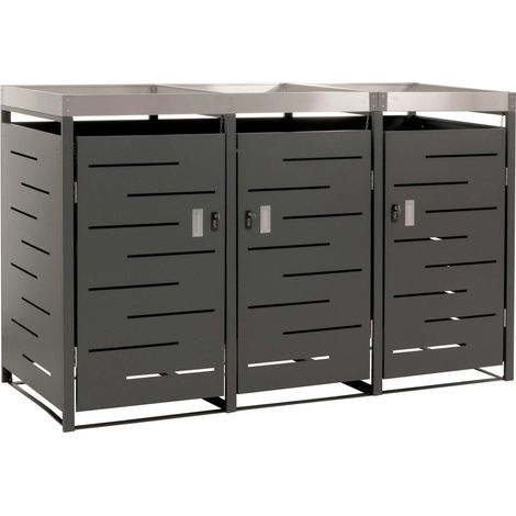 3er-Mülltonnenverkleidung HHG-380, Mülltonnenbox, Pflanzkasten Edelstahl-Metall-Kombi 78kg 125x198x84cm erweiterbar