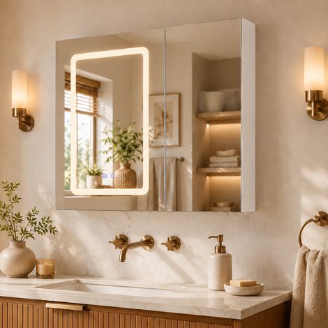 Armoire miroir salle de bain 70x60x13.5 cm, deux portes, miroir double face intérieur, led tricolore anti-buée, blanc