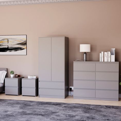 4 Piece Denver Bedroom Set, 2 Drawer Large Bedside Chest x2, 8 Drawer Chest, 2 Door 2 Drawer Wardrobe, Grey (1/3)