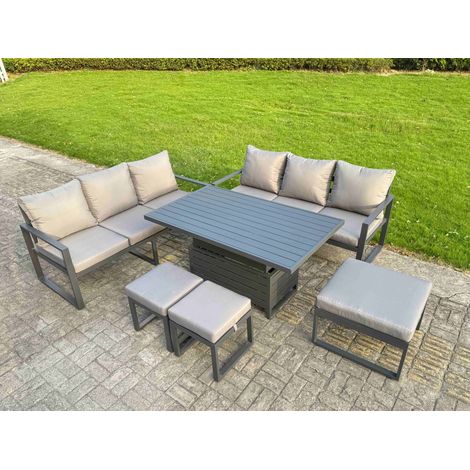 Fimous 6 Pieces Garden Furniture Set Aluminium Adjustable Rising Lifting Dining Table and Sofa Set with 3 Footstools Dark Grey (1/5)