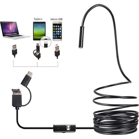Cámara de inspección endoscópica 3 en 1, cámara endoscópica industrial, cámara HD, lente impermeable de 7 mm, endoscopio de tubo serpentino - 6 luces LED, interfaz USB 3 en 1 para teléfonos Android (1/5)