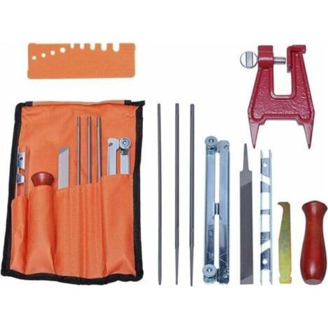Kit d'affûtage Universel pour Tronçonneuse, Jeu de Limes pour Aiguiser Les Semis de Chaîne avec Limes, Poignées en Bois, Jauge de Profondeur, Guide de Polissage, Sac à Outils et Vis de Banc (1/5)