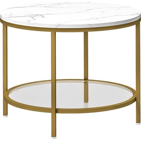 Table basse ronde étagère verre AURELIA effet marbre blanc et or (1/5)