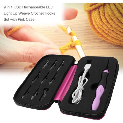 Ensemble de 9 crochets à tisser lumineux LED rechargeables par USB avec étui rose (1/5)