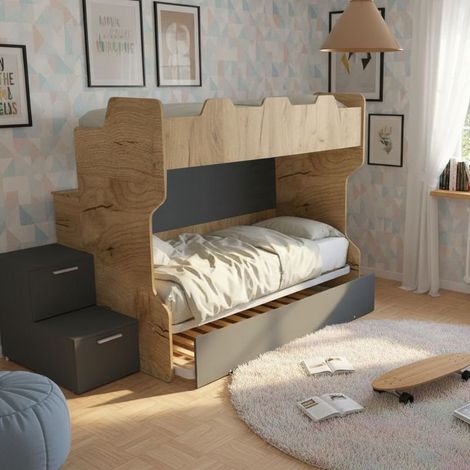 Letto a castello salvaspazio con scala a cassettoni e camminatoio - Quercia e basalto