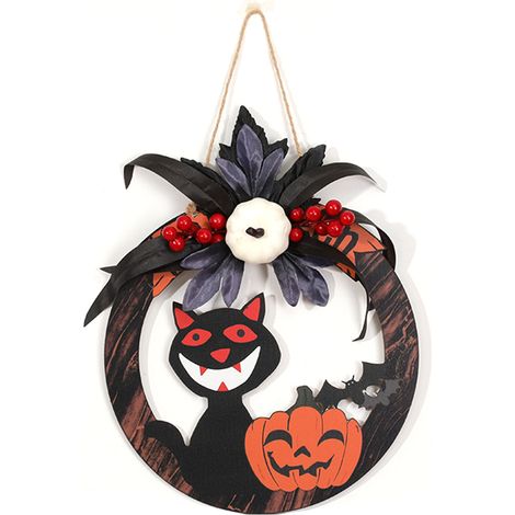 Dekorativer Halloween-Kranz, künstlicher Kürbis und Ahornblatt zum Aufhängen, Bühnendekoration, Türschmuck (New Black Cat 04) (1/2)