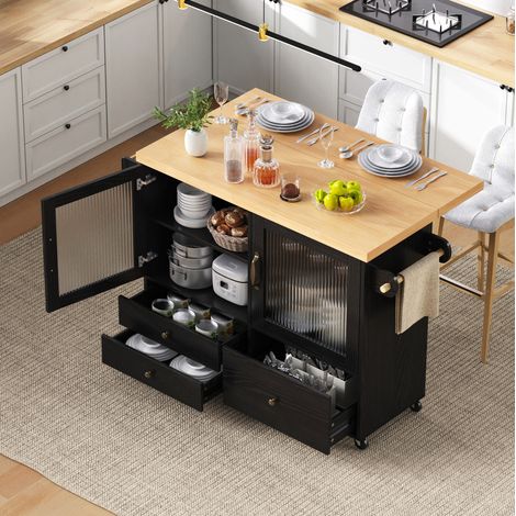 Mobile Kücheninsel mit Rollen und ausziehbarem Esstisch, Küchenwagen mit Weinglashalter und Stauraum, Ideal für Küche und Esszimmer (Schwarz) (1/5)