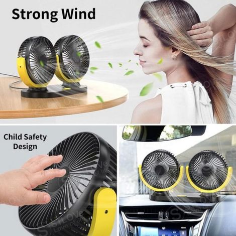 Ventilateur USB - Double Tête - Rotation 360° Vertical + 180° Horizontal - 3 Vitesses Réglables - Pour Voiture Bureau Camping Pêche - 1 Pièce (1/3)