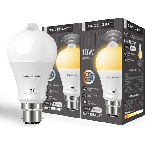 Ampoule LED PIR à capteur de mouvement avec base B22, marche/arrêt automatique par capteur PIR équipé et capteur crépuscule à l'aube, détecteur de mouvement, ampoule de sécurité, lot de 2 (1/5)