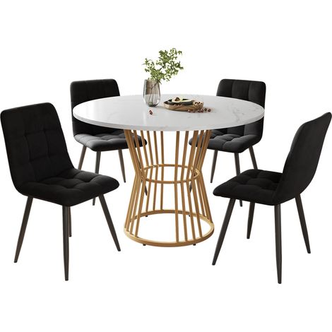 Conjunto de comedor de 5 piezas con mesa redonda de 100 cm y 4 sillas de terciopelo negro (1/5)