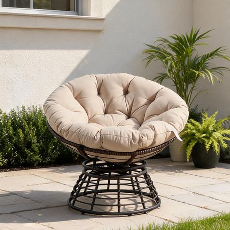Fauteuil Papasan en rotin pivotant 360° avec coussin beige (1/5)