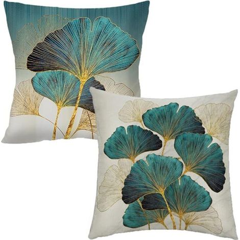 Housse de coussin 2 pièces pour canapé Feuilles de plantes 18 x 18 pouces Housse de coussin Or Bleu (1/4)