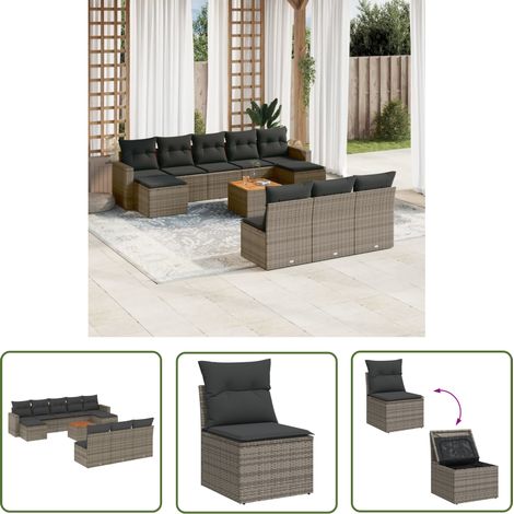 The Living Store Salon de jardin 11 pcs avec coussins gris résine tressée - Salon De Jardin - Mobilier Extérieur - Set Salon De Jardin - Résine Tressée - Rotin Synthétique (1/5)