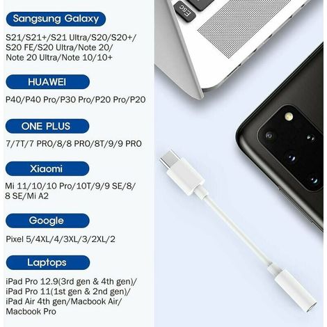 Adattatore da USB Type-C a jack da 3,5 mm, convertitore adattatore per cuffie per S22/S21/S20/S20 FE/Note20/Note10, Huawei P40/P30 Pro//P20/P20 Pro, Mate40/30/20 Pro, Pixel 4/3, OnePlus (1/4)