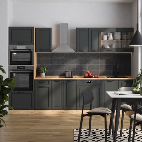 Mueble de cocina R-Line, Casa de campo antracita/roble dorado, 300 cm con armario alto, ET Roble, Vicco