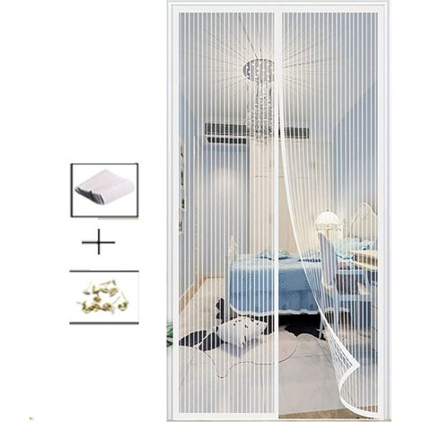 Moustiquaire magnétique pour porte extérieure 120 x 210 cm, fermeture automatique, sans outils, installation facile, rayures blanches (1/4)
