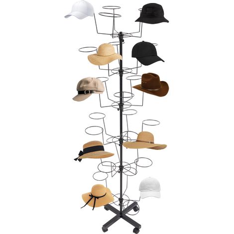 Présentoir à chapeaux à 6 niveaux, support rotatif à 30 crochets avec roulettes verrouillables, organiseur commercial réglable pour casquettes, chapeaux de paille, perruques, noir (1/5)