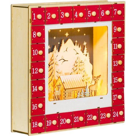 Calendrier de l'Avent LED, décorations de Noël en bois, 24 tiroirs à remplir, décoration lumineuse, rouge (1/5)