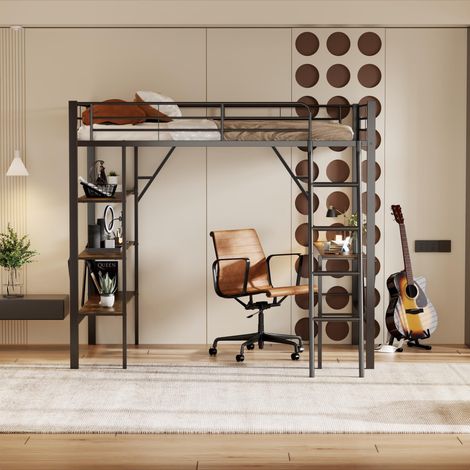 Lit mezzanine 90x200 avec bureau et étagères - métal et mdf - sécurité en747 - noir (1/5)